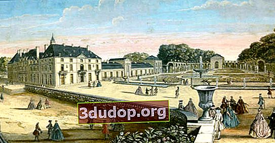 Bergambar dengan pemandangan istana dan parterre kecil di hadapan rumah hijau (1736)